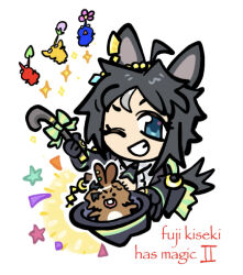  1girl ahoge animalization arm_up black_gloves black_hair black_jacket blue_eyes blue_pikmin bow cane chibi commentary crossover ear_ornament english_text flower fuji_kiseki_(shooting_star_revue)_(umamusume) fuji_kiseki_(umamusume) gloves grey_hair grin hat highres holding holding_cane holding_unworn_clothes holding_unworn_hat jacket jewelry jungle_pocket_(umamusume) leaf long_sleeves looking_at_viewer multicolored_hair necktie one_eye_closed open_clothes open_jacket pikmin_(creature) pikmin_(series) pikminpreggedup rabbit red_pikmin shirt simple_background smile two-tone_hair umamusume unworn_clothes unworn_hat unworn_headwear upper_body yellow_pikmin 