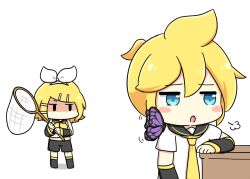  1boy 1girl blonde_hair blue_eyes blue_sailor_collar blush_stickers bow_hairband brother_and_sister bug butterfly butterfly_net chibi chibi_only commentary_request double-parted_bangs hair_between_eyes hair_ornament hairband hairclip hand_net holding holding_butterfly_net jitome kagamine_len kagamine_rin migikata_no_chou_(vocaloid) neckerchief necktie nukotun open_mouth parallel_hairclips puff_of_air pun sailor_collar shaded_face short_hair siblings simple_background standing twins vocaloid white_background white_hairband yellow_neckerchief yellow_necktie 