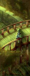  1girl arm_warmers black_shoes black_skirt blonde_hair bridge brown_shirt closed_mouth commentary expressionless full_body green_eyes gy9vxciahg25405 hand_on_railing highres looking_afar mary_janes mizuhashi_parsee parsee_day pointy_ears river sash scarf shirt shoes short_hair short_sleeves skirt socks solo touhou tree water white_sash white_scarf white_socks wide_shot 