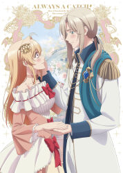  1boy 1girl anime_coloring aristocratic_clothes bikini black_vest blonde_hair blue_eyes blush brass_knuckles closed_mouth coat commentary_request cup dress epaulettes eye_contact flower flower_request frilled_dress frills fringe_trim from_side gown grey_hair hair_ornament hand_on_another's_cheek hand_on_another's_face height_difference hetero highres holding_hands layered_dress long_hair long_sleeves looking_at_another maria_annovazzi nigashita_sakana_wa_ookikatta_ga_tsuriageta_sakana_ga_ookisugita_ken off-shoulder_dress off_shoulder official_art open_clothes open_coat pants pink_dress renato_di_rubini side-tie_bikini_bottom smile swimsuit teacup two-tone_dress vest violet_eyes weapon white_coat white_pants yellow_dress 