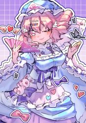  1girl adapted_costume blue_dress blue_hat blush breasts bug butterfly chinese_commentary closed_mouth commentary_request dress folding_fan grid_background hair_ornament hand_fan hat heart highres holding holding_fan long_sleeves looking_at_viewer medium_breasts medium_hair mob_cap one_eye_closed outline pink_eyes pink_hair purple_background rabbit ribbon-trimmed_sleeves ribbon_trim saigyouji_yuyuko shouxishao_jiuyuan smile solo touhou triangular_headpiece white_outline wide_sleeves wing_hair_ornament 