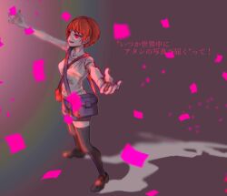  1girl bag black_shoes black_thighhighs blue_bag blue_shorts commentary_request danganronpa_(series) danganronpa_3_(anime) dark_persona freckles full_body handbag koizumi_mahiru official_alternate_costume official_alternate_eye_color open_mouth outstretched_arms red_eyes red_hair shinshishinc shirt shoes short_hair short_sleeves shorts smile solo spread_arms standing thigh-highs translation_request white_shirt 