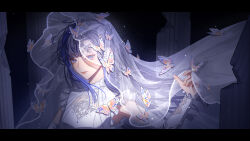  1girl black_hair blue_eyes blue_hair bug butterfly butterfly_on_hand detached_sleeves dress frills glowing_butterfly hand_up highres letterboxed light_particles long_hair long_sleeves multicolored_hair original pillar qianxia_moban qianxia_siba solo streaked_hair upper_body veil white_butterfly white_dress 