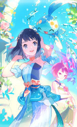  akari_(pokemon) akari_(summer_2026)_(pokemon) antennae arezu_(pokemon) arezu_(summer_2026)_(pokemon) armpits bare_shoulders basculegion belt black_hair blue_dress blue_eyes blush bracelet breasts closed_eyes closed_mouth criss-cross_halter dress fangs fish floral_print flower gold_belt gold_choker gold_collar gradient_clothes gradient_dress halterneck high-waist_belt highres jewelry karakishi_it layered_dress long_hair manaphy medium_breasts official_alternate_costume open_mouth pokemon pokemon_(creature) pokemon_masters_ex ponytail red_eyes red_hair sharp_teeth short_hair sidelocks sleeveless sleeveless_dress small_breasts smile strapless strapless_dress teeth upper_teeth_only veil water white_dress white_veil 