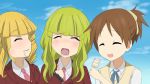    3girls beelzebub crossover closed_eyes green_hair hirasawa_ui k-on! leviathan_(umineko) seiyuu_joke stakes_of_purgatory tears umineko_no_naku_koro_ni yonezawa_madoka   