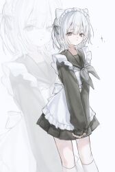  1girl 6nemua apron black_sailor_collar black_skirt commentary commission cowboy_shot flat_chest frilled_apron frills grey_eyes grey_neckerchief grey_ribbon grey_shirt hair_ribbon highres long_sleeves maid maid_apron maid_headdress miniskirt neckerchief original parted_lips pleated_skirt ribbon sailor_collar sailor_shirt second-party_source shirt skeb_commission skirt sleeves_past_wrists socks solo unconventional_maid untranslatable_commentary white_apron white_hair white_socks 