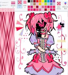  1girl alien_stage art_program_in_frame bow choker dress franyaoi gloves grey_gloves hair_bow kaname_madoka kaname_madoka_(magical_girl) mahou_shoujo_madoka_magica multiple_hair_bows open_mouth pink_bow pink_choker pink_dress pink_hair smile solo star_(symbol) twintails zombie_stage 