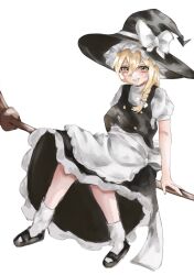  1girl apron back_bow black_hat black_shoes black_skirt black_vest blonde_hair bow braid broom broom_riding commentary full_body grin hair_bow hat hat_bow highres kirisame_marisa long_hair looking_at_viewer puffy_short_sleeves puffy_sleeves shoes short_sleeves side_braid simple_background single_braid skirt smile socks solo togari_saki touhou vest waist_apron white_apron white_background white_bow white_socks witch_hat yellow_eyes 