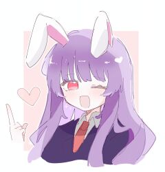  1girl :d ;d animal_ears blush border commentary_request cropped_torso hand_up heart highres jacket long_hair looking_at_viewer mynkaoi necktie one_eye_closed open_clothes open_mouth outside_border pink_background pink_eyes pink_necktie purple_hair purple_jacket rabbit_ears rabbit_girl reisen_udongein_inaba shirt smile solo touhou upper_body white_border white_shirt 