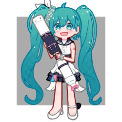  1girl :d absurdres ahoge bare_arms bare_shoulders black_sailor_collar black_skirt blue_archive blush border commentary double-parted_bangs full_body green_eyes green_hair grey_background hair_between_eyes hatsune_miku hatsune_miku_(blue_archive) highres holding long_hair object_request open_mouth outside_border pleated_skirt rennkurusu sailor_collar shirt shoes simple_background skirt sleeveless sleeveless_shirt smile solo standing twintails very_long_hair vocaloid white_border white_shirt white_shoes 