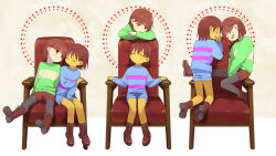  2others =_= black_pantyhose blue_sweater blunt_bangs boots brown_boots brown_hair brown_shorts chair chara_(undertale) closed_eyes colored_skin commentary_request frisk_(undertale) full_body green_sweater highres kneeling komamama lace-up_boots multiple_others multiple_views on_chair open_mouth other_focus pantyhose red_eyes shared_chair short_hair shorts simple_background sitting smile sweater undertale utdr_(toby_fox) yellow_background yellow_skin 