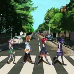  4girls a.i._voice abbey_road adachi_rei ahoge album_cover_redraw beret black_boots black_hat black_pantyhose black_shirt black_skirt blue_sky boots brown_shoes car crosswalk derivative_work detached_sleeves dress drill_hair from_side green_dress green_sleeves grey_skirt hat highres jacket kasane_teto kasane_teto_(utau) long_hair miniskirt momone_momo motor_vehicle multiple_girls open_clothes open_jacket orange_hair oru_(knktoru) outdoors pantyhose pink_hair pleated_skirt purple_hair red_hair road shirt shoes short_hair skirt sky sleeveless sleeveless_shirt the_beatles thigh-highs thigh_boots twin_drills utane_uta utau walking white_jacket white_shoes white_thighhighs 
