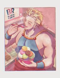  1boy ammsp722 bare_shoulders baskin-robbins blonde_hair blue_shirt blush border closed_eyes commentary_request earrings eating final_fantasy final_fantasy_vi food grey_border hair_tie highres holding holding_food holding_ice_cream holding_spoon ice_cream jewelry low_ponytail male_focus muscular muscular_male ponytail sabin_rene_figaro sash shirt short_hair sleeveless sleeveless_shirt solo spoon tongue tongue_out upper_body waist_sash 
