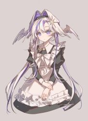  1girl :o apron black_dress blue_eyes blue_hair bow bowtie chinese_commentary colored_inner_hair commentary_request cropped_legs dress grey_background hair_intakes hair_ornament head_wings highres holding_own_wrist juliet_sleeves long_sleeves looking_at_viewer multicolored_hair prototype_design puffy_sleeves reverse:1999 school_uniform solo soviet_school_uniform star_(symbol) star_hair_ornament tansuangai_fenmo twintails voyager_(reverse:1999) white_apron white_bow white_bowtie white_hair white_wings wings 
