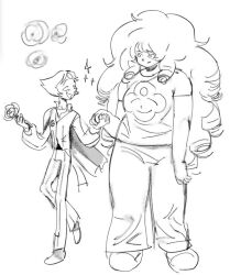  2girls asgore_dreemurr asgore_dreemurr_(cosplay) cape commentary cosplay deltarune english_commentary flower flowery_(deltarune) flowery_(deltarune)_(cosplay) greyscale holding holding_flower holding_hands monochrome multiple_girls pants pearl_(steven_universe) ringlets rose_quartz_(steven_universe) shirt short_hair sketch steven_universe sunnyirry utdr_(toby_fox) vest 
