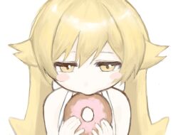  1girl bakemonogatari blonde_hair commentary_request doughnut dress eating food highres holding holding_food kou313l long_hair monogatari_(series) oshino_shinobu simple_background white_background white_dress yellow_eyes 
