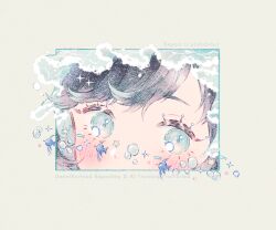  1girl artist_name black_hair blush bubble close-up commentary english_text eyebrows_hidden_by_hair eyelashes fish green_eyes mouth_out_of_frame ocean original ryokuno_green solo sparkle star_(symbol) untranslatable_commentary watermark 
