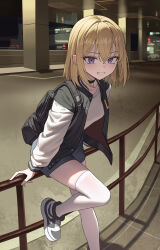  1girl absurdres backpack bag bang_dream! bang_dream!_it's_mygo!!!!! black_bag black_choker black_jacket black_shoes black_shorts blonde_hair chinese_commentary choker collarbone commentary_request foot_out_of_frame hair_between_eyes highres jacket legs long_sleeves looking_at_viewer medium_hair misumi_uika multicolored_jacket multicolored_shoes open_clothes open_jacket outdoors shirt shoes short_shorts shorts smile sneakers solo teeth thigh-highs thighs two-tone_jacket two-tone_shoes violet_eyes white_jacket white_shirt white_shoes white_thighhighs xzu 