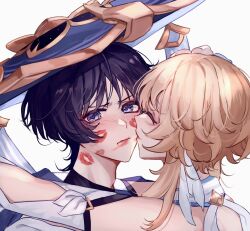  1boy 1girl absurdres abyss_of_alyss adam's_apple arm_cutout bishounen black_hair blonde_hair blue_hat blue_jingasa blue_trim blunt_ends blush closed_eyes closed_mouth clothing_cutout couple detached_sleeves eyelashes eyeliner facing_another feather_hair_ornament feathers furrowed_brow genshin_impact gold hair_ornament hat hetero highres hug japanese_clothes jingasa kimono kiss kissing_cheek lipstick lipstick_mark lipstick_mark_on_face lipstick_mark_on_neck looking_at_viewer lumine_(genshin_impact) makeup pink_lips red_eyeliner scaramouche_(genshin_impact) scarf short_hair smeared_lipstick tsurime turtleneck violet_eyes wanderer_(genshin_impact) white_background white_feathers white_kimono white_scarf white_sleeves wispy_bangs 