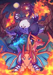  absurdres alternate_color animal_focus aqua_eyes blue_fire breath_weapon breathing_fire charburst charizard claws closed_mouth commentary dragon dragon_wings dynamax english_commentary fangs fiery_wings fire flame-tipped_tail gigantamax gigantamax_charizard highres mega_charizard_x mega_charizard_y mega_pokemon moon night no_humans open_mouth outdoors pokemon pokemon_(creature) pokemon_focus red_eyes shiny_pokemon sky smile sparkle star_(sky) tail wings 