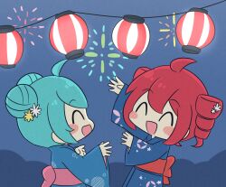  2girls :d ^_^ ahoge blue_hair blue_kimono blush_stickers chibi chibi_only closed_eyes commentary_request double-parted_bangs double_bun drill_hair festival hair_between_eyes hair_bun hatsune_miku japanese_clothes kasane_teto kimono lantern long_sleeves multiple_girls nukotun obi open_mouth pink_sash red_hair red_sash sash short_hair smile twin_drills upper_body utau vocaloid wide_sleeves yukata 