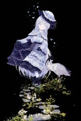  1girl absurdres bird black_background black_gloves black_shoes blue_eyes bug butterfly capelet chinese_commentary closed_mouth commentary_request dress flower frilled_dress frilled_sleeves frills full_body gloves grass hat hat_flower highres holding_own_dress hui_teng_mu long_hair long_sleeves looking_at_viewer mahou_shoujo_no_majo_saiban shoes solo spoilers standing stone_walkway tsukishiro_yuki very_long_hair white_capelet white_dress white_flower white_hair white_hat 