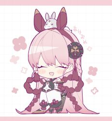  1girl :d ^_^ animal blush_stickers braid chibi closed_eyes commentary_request facing_viewer full_body granblue_fantasy hair_ornament hairband highres holding japanese_clothes k0bo43 kimono long_hair long_sleeves open_mouth pink_hair sandira_(granblue_fantasy) simple_background sleeves_past_wrists smile solo standing thigh-highs very_long_hair white_background wide_sleeves 