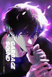  black_hair black_shirt choi_jongsu colored_illustration concert_stage copyright_name english_text garbage_time glowing glowing_eyes glowing_hair highres holding holding_microphone lower_eyelashes_only male_focus messy_hair microphone purple_neon_background ring_on_finger shirt short_hair stage_lights sweat sweatdrop ununtied upper_body vertical_text 