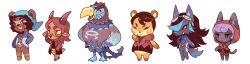  2girls 4boys alt_text animal_crossing animal_ears archie_(pokemon) bandana bear_boy bear_ears beard bird_boy blue_bandana blue_eyes blue_hair brown_hair cat_ears cat_girl cat_tail closed_eyes colored_sclera commentary courtney_(pokemon) eagle_boy english_commentary expressionless eyelashes facial_hair full_body furrification furry glasses goat_boy goat_ears goat_horns goat_tail goggles goggles_on_head grin hair_over_one_eye hamster_boy hamster_ears hand_on_own_hip highres hood hood_down hood_up horns jacket jewelry long_hair long_sleeves matt_(pokemon) maxie_(pokemon) multicolored_hair multiple_boys multiple_girls necklace open_clothes open_jacket open_mouth pokemon pokemon_omega_ruby_and_alpha_sapphire purple_hair red_eyes red_hair red_jacket ribbononline semi-rimless_eyewear sharp_teeth shelly_(pokemon) short_hair smile standing tabitha_(pokemon) tail team_aqua team_aqua_uniform team_magma team_magma_uniform teeth thick_eyebrows transparent_background twitter_username two-tone_hair wolf_ears wolf_girl wolf_tail yellow_sclera 