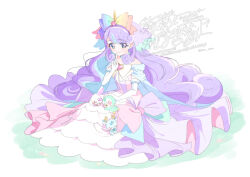  1girl animal_on_lap bird blue_choker blue_eyes blue_hair bow brooch choker closed_mouth commentary_request deer dress dress_bow earrings elbow_gloves full_body gloves hair_bow hairband heart heart_brooch horns index_finger_raised jewelry kirarin_deer kirarin_penguin kirarin_rabbit long_dress long_hair looking_at_viewer multicolored_hair nico_(wonderful_precure!) on_lap penguin pink_dress pink_pupils precure purple_hair purple_hairband rabbit rainbow_bow serizawa_serizane single_horn smile solo sphere_earrings strapless strapless_dress streaked_hair two-tone_hair unicorn_girl very_long_hair white_bow white_gloves wonderful_precure! 