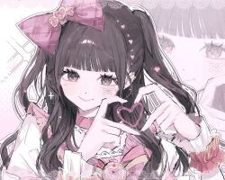  1girl :> absurdres blush bow brown_eyes brown_hair character_request closed_mouth commentary_request copyright_request eyelashes four-finger_heart_hands hair_bow heart heart_hands highres idol_clothes long_hair long_sleeves oishi_na outline pink_bow pixel_heart smile solo two_side_up white_background white_outline zoom_layer 