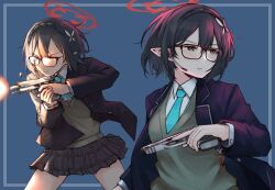 1girl absurdres aqua_necktie assault_rifle ayane_(blue_archive) black_hair black_skirt blazer blue_archive blue_background blue_jacket brown_eyes brown_sweater collared_shirt commentary elf firing glasses gun hair_ornament halo handgun headset highres holding holding_gun holding_weapon jacket m1saki_1 miniskirt multiple_views muzzle_flash necktie plaid_clothes plaid_skirt pointy_ears red-framed_eyewear red_halo rifle serious shirt short_hair sig_556 simple_background skirt sweater trigger_discipline weapon white_shirt 