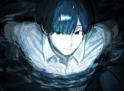  1boy absurdres aqua_eyes black_pants blue_hair blue_theme blunt_bangs bowl_cut camera_flash closed_mouth collared_shirt commentary_request dress_shirt empty_eyes highres in_water looking_at_viewer male_focus open_collar pale_skin pants partially_submerged shirt short_hair short_sleeves sitting sketch smile solo upper_body water_drop wet wet_hair white_shirt wing_collar wmllliii yamada_hajime_(gina) zeta 