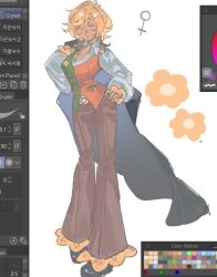  1girl art_program_in_frame bell-bottoms blonde_hair breasts brown_hair cape closed_eyes collared_shirt commentary deltarune english_commentary flower flowery_(deltarune) genderswap genderswap_(mtf) green_vest holding holding_unworn_cape holding_unworn_clothes long_sleeves medium_hair multicolored_hair orange_vest pants shirt solo two-tone_hair two-tone_vest unworn_cape utdr_(toby_fox) venus_symbol vest vira_(faust_toucher) white_shirt yellow_flower 