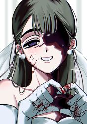  1girl alien_stage black_hair blood blood_on_face blood_on_hand commentary dress earrings four-finger_heart_hands gloves heart heart_hands highres jewelry kinii long_hair off-shoulder_dress off_shoulder official_alternate_costume portrait smile solo sphere_earrings sua_(alien_stage) veil violet_eyes white_gloves white_veil zombie_stage 