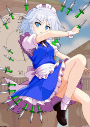 1girl apron artist_name back_bow black_bow black_bowtie blue_dress blue_eyes blue_sky bow bowtie braid breasts brown_shoes clock clock_tower closed_mouth clouds commentary_request dated day dress frilled_dress frills green_bow grey_hair hair_bow highres izayoi_sakuya knife loafers long_hair maid maid_headdress mist9801km pinafore_dress puffy_short_sleeves puffy_sleeves roman_numeral shoes short_sleeves sky sleeveless sleeveless_dress small_breasts socks solo touhou tower twin_braids waist_apron white_apron white_bow white_socks white_wrist_cuffs wrist_cuffs 