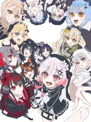  6+girls :d ahoge animal_ear_headphones animal_ears armband bandaid bandaid_on_face bare_shoulders beret black_bow black_bowtie black_capelet black_choker black_coat black_flower black_hair black_hat black_ribbon black_rose black_shirt black_skirt blonde_hair blue_dress blue_eyes blue_hair blue_hairband bonnet bow bow_flower bowtie braid braided_hair_rings butterfly_hair_ornament butterfly_hat_ornament capelet cat_ear_headphones cat_ears choker closed_mouth coat collared_coat collared_shirt colored_inner_hair colored_tips commentary_request contrast_collar crescent crescent_necklace cross cross_earrings cross_ornament crossed_bangs crown curtained_hair diamond_hair_ornament dress dress_bow earrings epaulettes everyone eyeball_hair_ornament fake_animal_ears flower frilled_capelet frilled_choker frilled_dress frilled_hairband frills gloves goggles goggles_on_headwear gothic_lolita gradient_hair green_bonnet green_eyes grey_eyes grey_hair hair_between_eyes hair_bow hair_flower hair_ornament hair_over_one_eye hair_ribbon hair_rings hairband hasumi_leia hat hat_flower hat_ornament hat_ribbon headphones heterochromia highres hikami_meruru housho_margo jewelry jogasaki_noah kurobe_nanoka layered_skirt lolita_fashion lolita_hairband long_hair long_skirt long_sleeves looking_at_viewer mahou_shoujo_no_majo_saiban mini_crown mini_hat mini_top_hat mole mole_under_eye multi-tied_hair multicolored_hair multiple_girls natsume_an-an neck_ribbon necklace necktie nikaido_hiro off-shoulder_dress off_shoulder one_eye_closed open_mouth orange_eyes orange_streaks overskirt pink_eyes pink_hair plaid_clothes plaid_necktie plaid_skirt pleated_skirt polka_dot polka_dot_bow raira_ra11 red_armband red_eyes red_flower red_hair red_necktie red_skirt ribbon rose saeki_miria sakuraba_ema sawatari_coco sharp_teeth shirt shito_alisa short_hair shoulder_tattoo simple_background skirt sleeveless sleeveless_coat smile streaked_hair tachibana_sherry tattoo teeth tongue tongue_out tono_hanna top_hat twintails veil violet_eyes white_background white_flower white_gloves white_hair white_ribbon white_rose white_shirt white_sleeves white_veil winged_hat x_hair_ornament yellow_eyes yellow_flower yellow_rose 