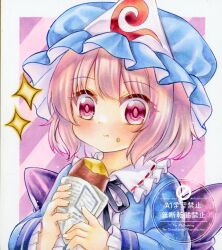  1girl blue_hat closed_mouth commentary_request food hat highres looking_at_viewer mob_cap nekofish666 pink_eyes pink_hair purple_background roasted_sweet_potato saigyouji_yuyuko short_hair solo star_(symbol) striped_background sweet_potato tongue touhou triangular_headpiece twitter_username upper_body watermark 