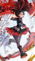  1girl anniversary black_boots black_corset black_dress black_eyes black_hair boots bright_pupils cape colored_petticoat colored_tips commentary copyright_name corset crescent_rose dress english_commentary eyelashes floating_cape full_body grey_pantyhose highres holding holding_scythe holding_weapon multicolored_hair outstretched_arm pantyhose petals petticoat reaching reaching_towards_viewer red_cape red_hair red_petals ruby_rose rwby scythe short_hair smile solo two-tone_hair weapon white_pupils xebime 