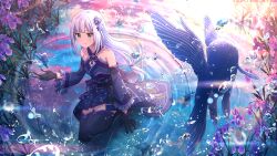  bare_shoulders black_gloves black_thighhighs blue_eyes blue_kimono blue_sleeves card_commentary closed_mouth commentary_request detached_sleeves fish flower game_asset gloves idolmaster idolmaster_million_live! idolmaster_million_live!_theater_days japanese_clothes kimono long_hair low-tied_long_hair official_alternate_costume official_art purple_flower ripples shiraishi_tsumugi sitting smile thigh-highs third-party_source water white_hair 