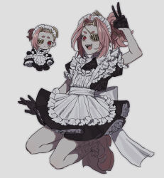  2girls alternate_costume apron black_dress black_gloves code_vein code_vein_ii commentary_request dress enmaided fake_horns fangs frilled_apron frills gloves gold_trim grey_background half_gloves highres horns josee_anjou lise_anjou long_hair looking_at_viewer maid maid_headdress mini_person minigirl multiple_girls okayugohaaaaan one_eye_covered orange_hair ponytail red_eyes short_sleeves siblings simple_background sisters size_difference smile v white_apron 