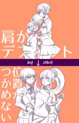  2girls age_progression aged_up arrow_(symbol) blazer blush blush_stickers bow closed_mouth collared_shirt commentary_request danganronpa_(series) danganronpa_3_(anime) english_text freckles from_side greyscale_with_colored_background hair_bow hair_ornament hair_scrunchie height_difference highres hope's_peak_academy_school_uniform jacket japanese_clothes kimono koizumi_mahiru long_sleeves mixed-language_text multiple_girls neck_ribbon obi official_alternate_costume official_alternate_hairstyle open_clothes open_jacket ponytail ribbon saionji_hiyoko sash school_uniform scrunchie shinshishinc shirt short_hair skirt smile sweatdrop translation_request very_short_hair 