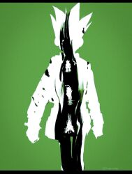  character_request commentary_request cropped_jacket gon_freecss green_background hair_up highres imamuu_(imamoon) letterboxed male_focus monster_hunter_(series) short_hair shorts spiky_hair 