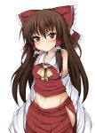  bare_shoulders beauty_love blush bow breasts brown_hair detached_sleeves hair_bow hakurei_reimu long_hair midriff mound_of_venus red_eyes sideboob smile solo sweat touhou 