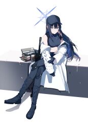  1girl absurdres assault_rifle baseball_cap black_boots black_gloves black_hair black_hat black_pants black_shirt blue_archive blue_hair blue_halo book book_stack boots bottle breasts closed_mouth coat coat_partially_removed colored_inner_hair commentary_request crop_top cropped_shirt crossed_legs full_body gloves grey_eyes gun halo hat highres j._(anonymousarts) large_breasts long_hair midriff multicolored_hair navel pants rifle saori_(blue_archive) shirt sig_516 sitting sleeveless sleeveless_shirt solo water_bottle weapon white_coat 