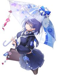  1girl absurdres ahoge artist_request bag black_gloves black_panties black_shirt blue_skirt braid brown_bag choker emblem fingerless_gloves flower game_asset gloves hair_flower hair_ornament heart highleg highleg_panties highres holding holding_umbrella huge_ahoge jewelry key looking_at_viewer medium_hair multicolored_hair panties panty_straps pantyhose partially_fingerless_gloves pendant pleated_skirt poker_fate print_umbrella purple_hair sailor_collar satchel school_uniform shirt single_fingerless_glove skirt solo streaked_hair suzukaze_kaoru transparent transparent_background transparent_umbrella two-tone_skirt umbrella umbrella_over_shoulder underwear violet_eyes white_streaks 