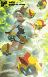  1girl barefoot bea_(pokemon) black_bodysuit black_hairband bodysuit bodysuit_under_clothes bow_hairband breasts dark-skinned_female dark_skin demonqz7 falinks gloves grey_eyes grey_hair hair_between_eyes hairband highres knee_pads open_mouth pokemon pokemon_(creature) pokemon_sword_and_shield print_shirt print_shorts shirt short_hair short_sleeves shorts side_slit side_slit_shorts single_glove small_breasts tied_shirt white_shorts 