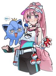  1girl :3 absurdres animal_ears antenna_hair belt_pouch black_choker black_gloves choker closed_mouth commentary_request crop_top double-parted_bangs fingerless_gloves gloves hakui_koyori highres hololive hoshimachi_suisei jigglypuff long_hair looking_at_viewer pants pink_hair poke_ball poke_ball_(basic) pokemon pouch simple_background solo tail tank_top tsukino_(nakajimaseiki) violet_eyes virtual_youtuber visor_cap white_background white_tank_top wolf_ears wolf_girl wolf_tail 