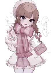  1girl bag bow braid brown_eyes brown_hair cowboy_shot hair_bow handbag hat heart highres long_hair looking_at_viewer open_mouth original pink_bag scarf simple_background smile solo speech_bubble steepled_fingers thigh-highs translation_request twin_braids uxvqx white_background white_thighhighs 