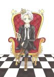  bleach boots checkered checkered_floor crown green_eyes hiiragi_yuki hitsugaya_toushirou male necktie sitting solo white_hair yukimaru_(awasuver) 